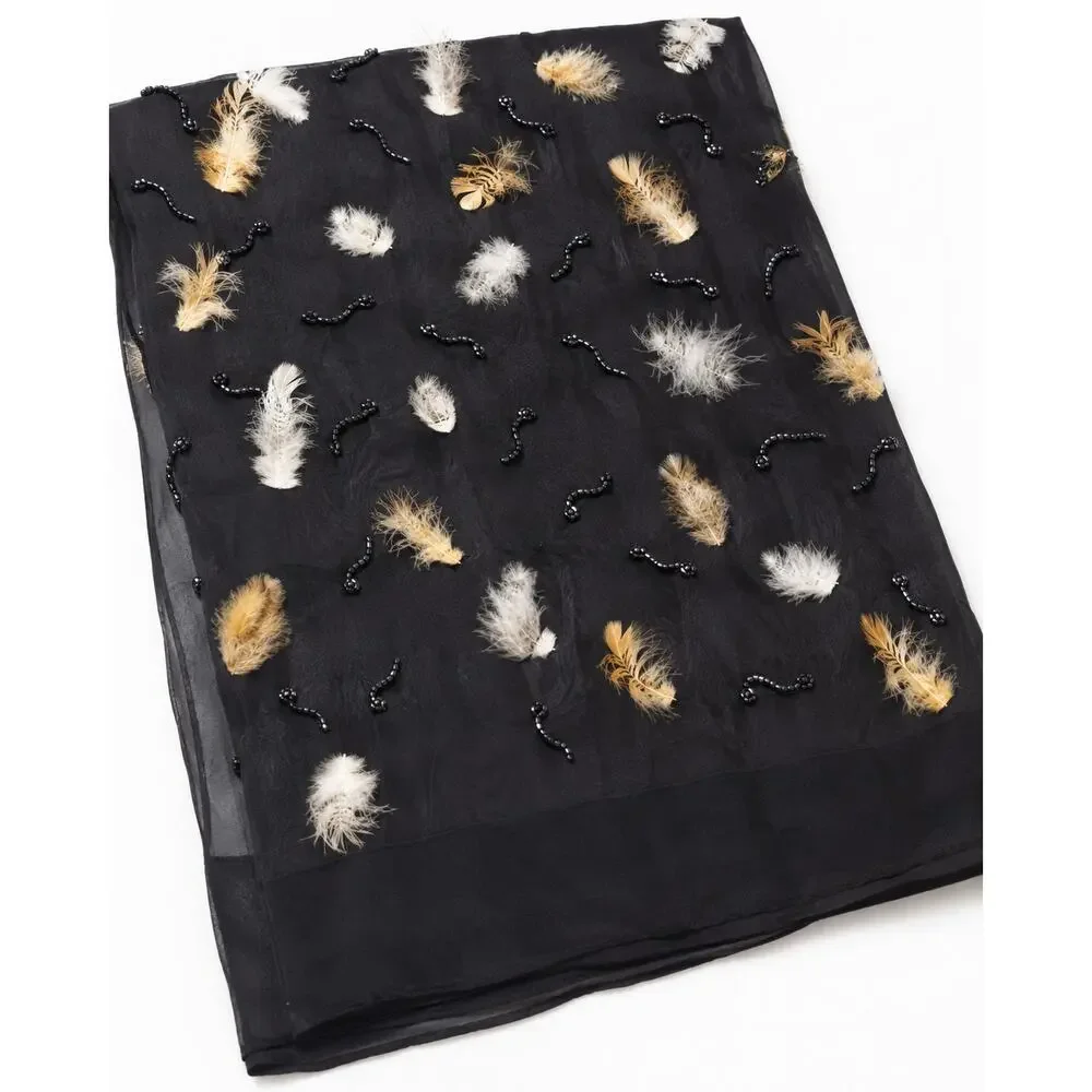 Vintage 1990s Black Silk Jacquard Scarf Beaded Real Feather Evening Wrap 20x84